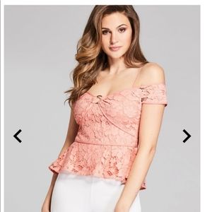 ♡  GUESS Marciano Pink Lace Open Shoulder Short-Sleeve Peplum Top - Size XS, 0 ♡